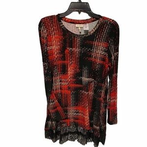 LOGO by Lori Goldstein Plaid Tunic Top Red Black Small